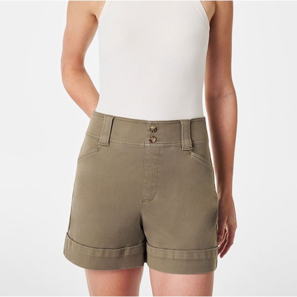 NWT SPANX Tuscan Olive Green Stretch Twill Trouser Shorts Women's Size XL